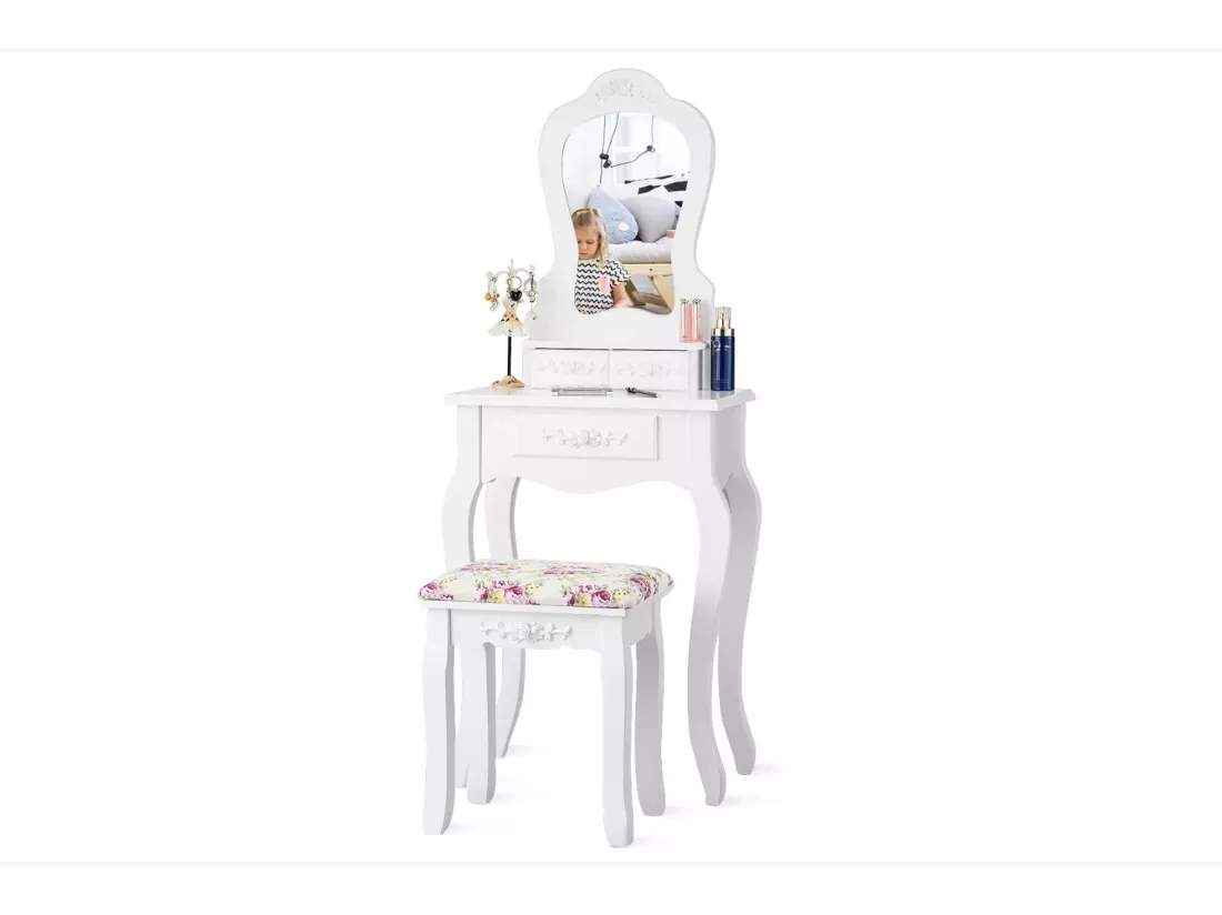 Coiffeuse avec Tabouret Table de Maquillage avec 3 Tiroirs et Dessus Amovible Blanc