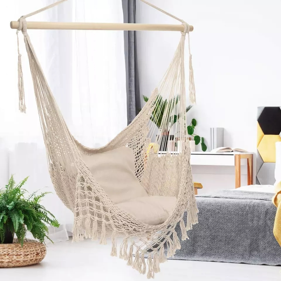 (100x146cm) Boho Hängeliege Makramee Schaukel Hygge Lifestyle (Outdoor/Indoor) - Beige