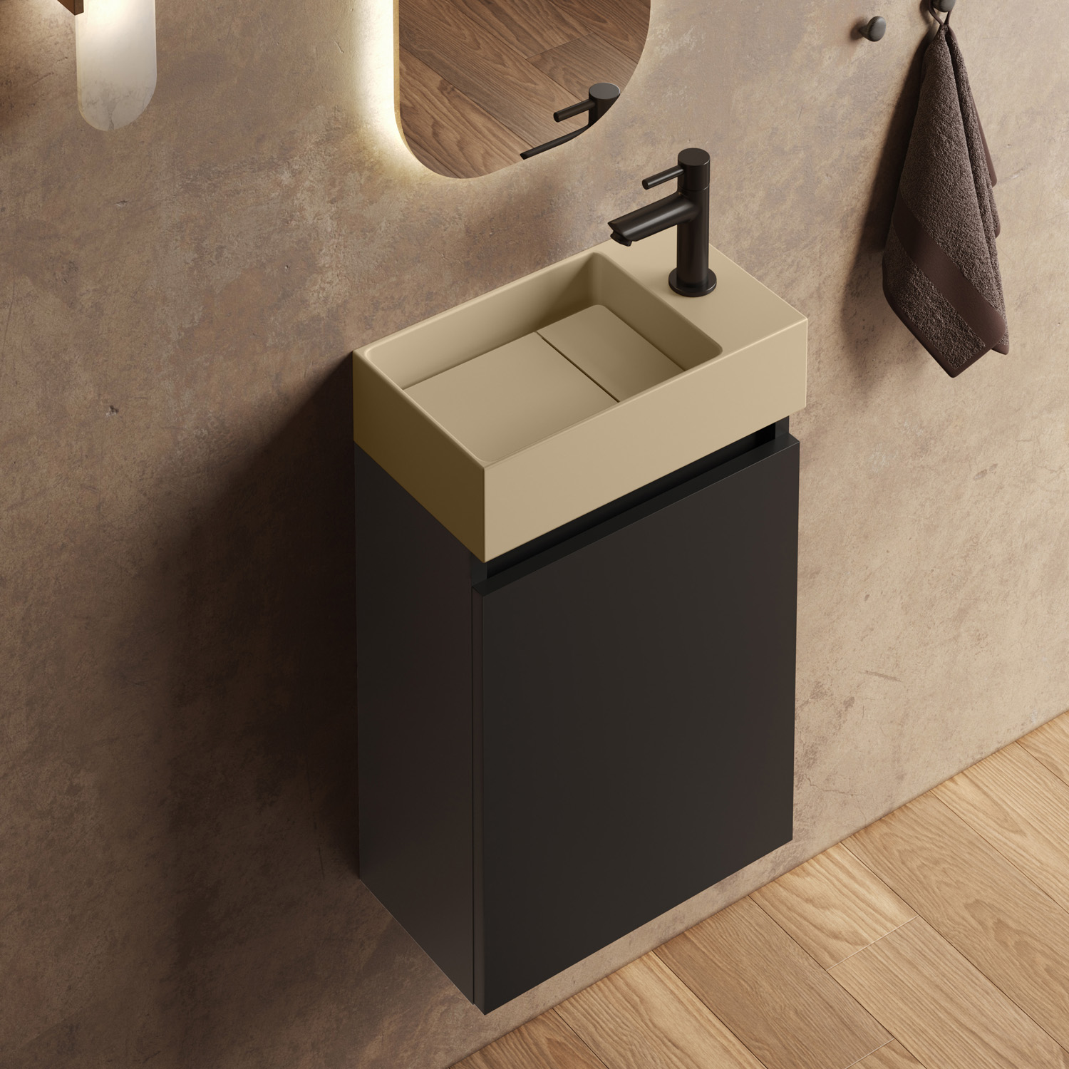 Fontana Itsie toiletmeubel mat zwart 40cm met fontein in mat licht ivoor