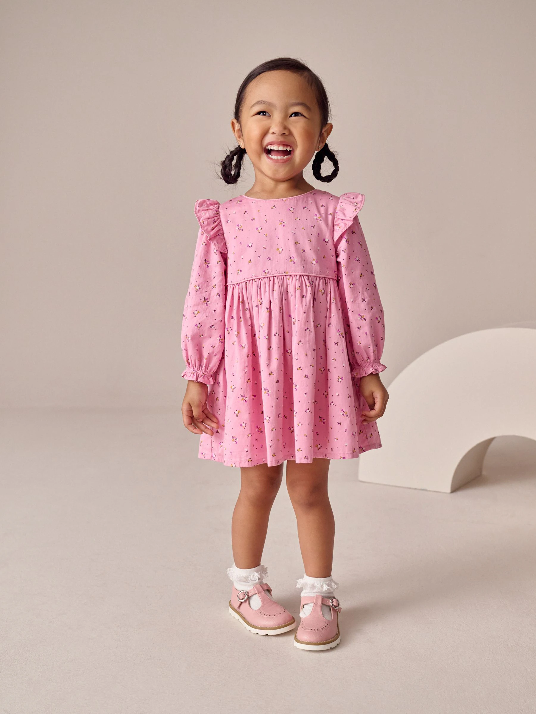 Roze - Jurk met ruche en lange mouwen (3mnd-8jr)