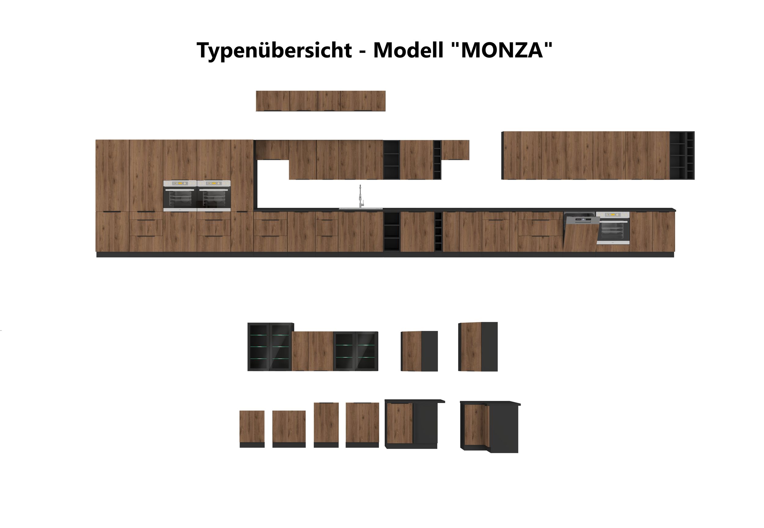 Winkelküche MONZA 280x270 cm Küchenzeile Eckküche Küche Nußbaum Okapi Schwarz