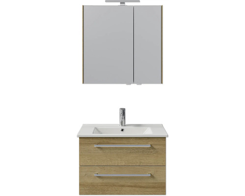 Badkamermeubelset Pelipal Cavallino (B x H x D 75 x 200 x 45 cm), frontkleur: Riviera eiken, met witte keramische wastafel, badmeubel met greep en spiegelkast met LED-verlichting