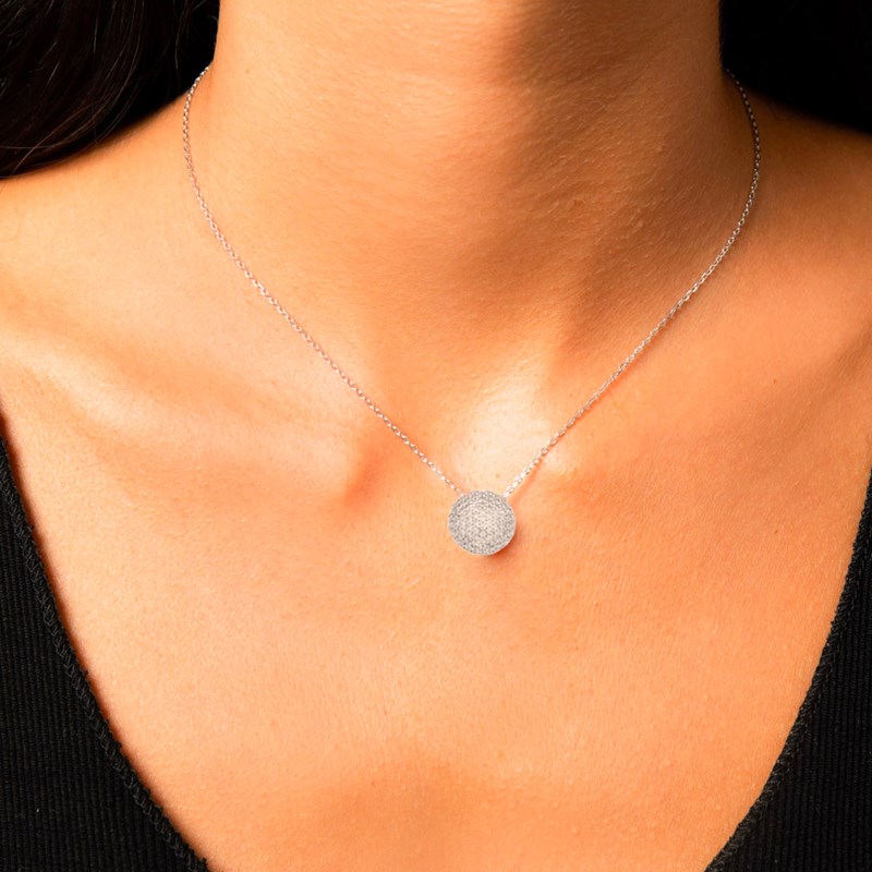 Collier Argent Rhodier Grand Modele Coussin Pavé De Pierre De Zirconium