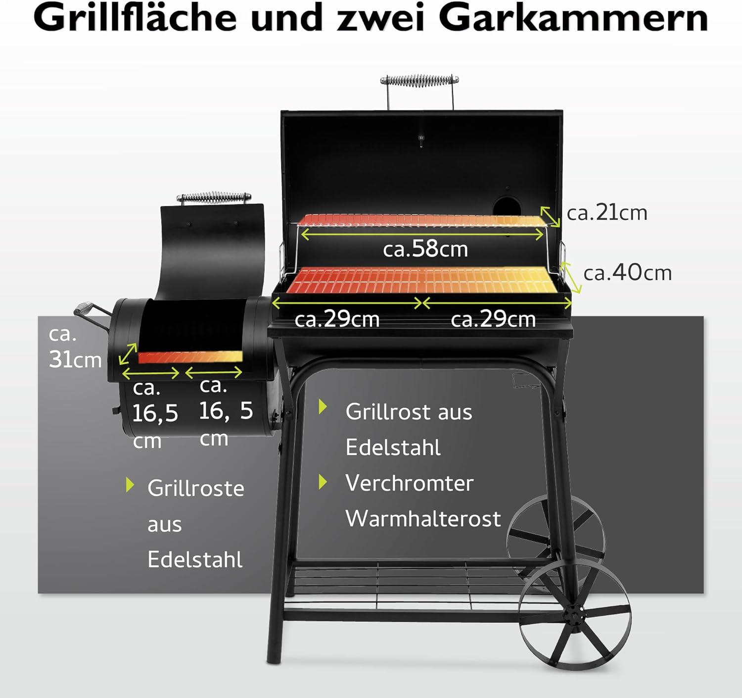 tepro BBQ Smoker Grill Biloxi, Holzkohle Grillwagen mit 2 Grillkammern, Räder und Thermometer im Deckel, Maße ca. 126 x 63,5 x 126 cm, Schwarz