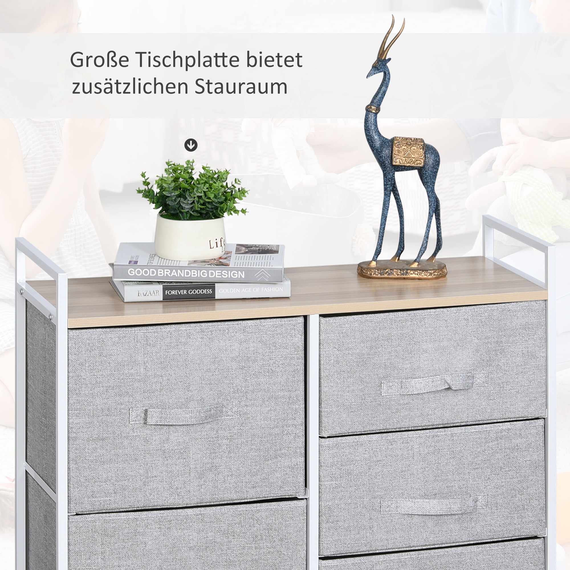 HOMCOM Stoffkommode mit 5 Stoffschubladen grau 83 x 29 x 77 cm (BxTxH)