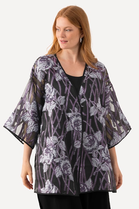 Blusenjacke, florales Design, V-Ausschnitt, 3/4-Arm