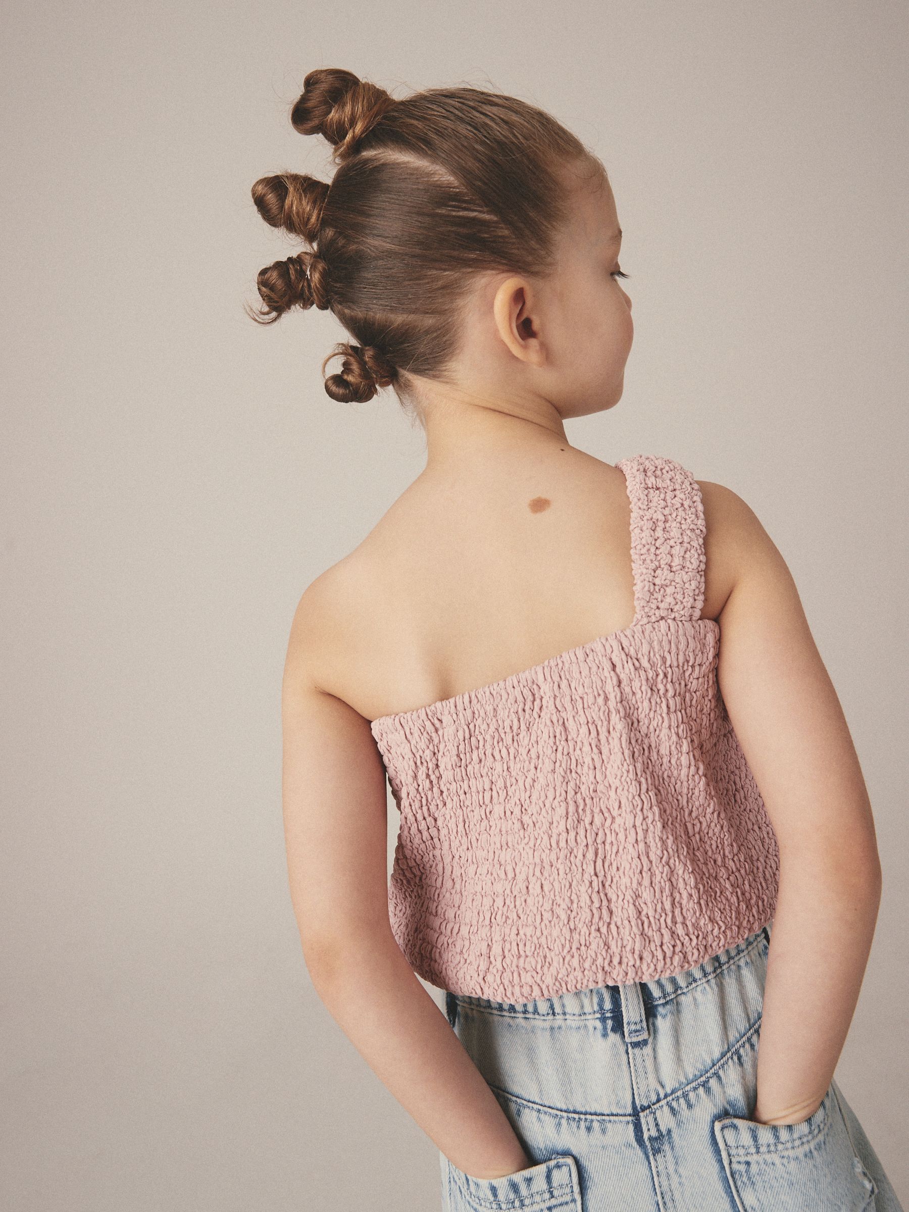 Roze - Bubble top met één schouder en textuur (3-16 jr)