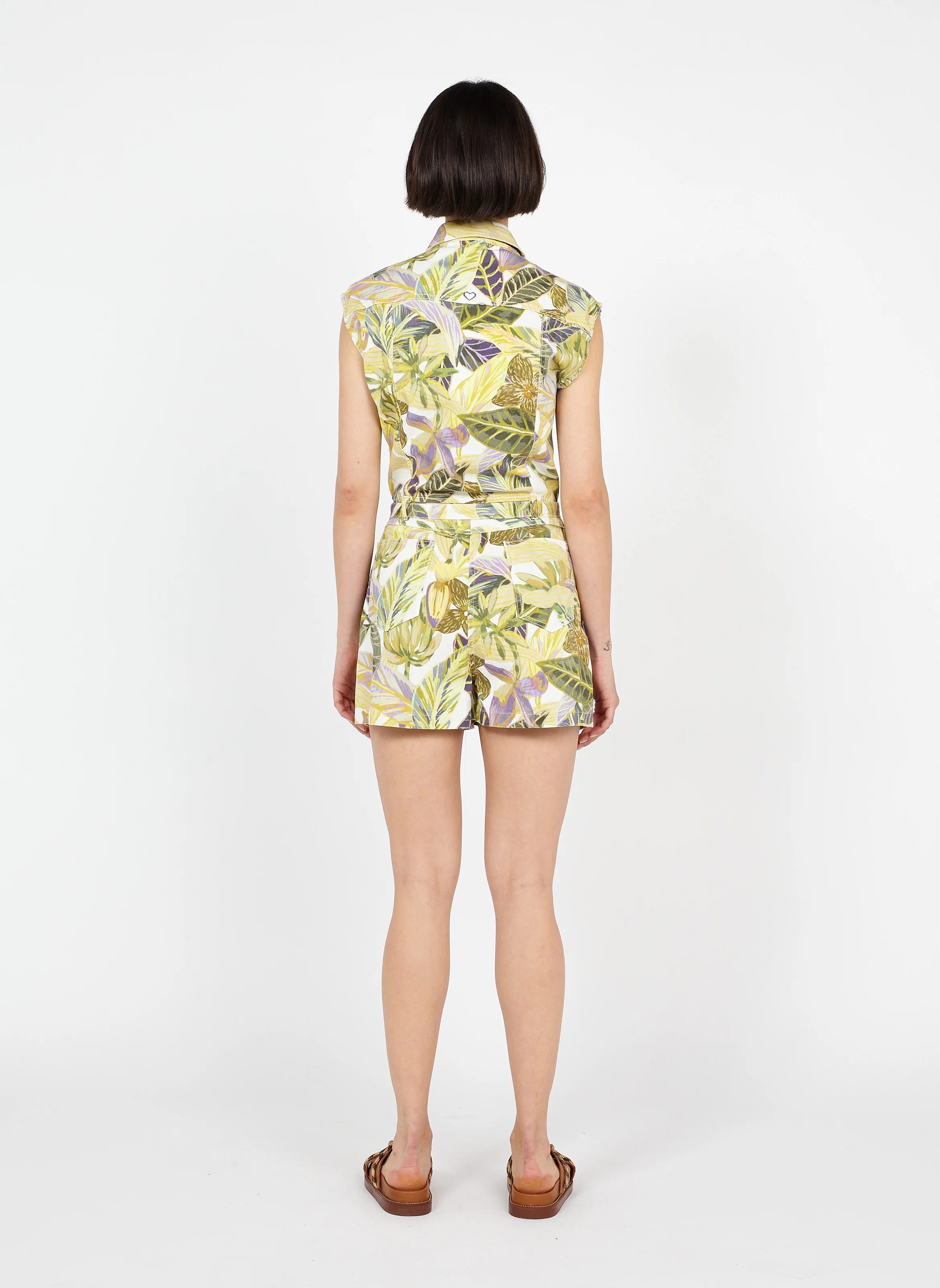 Combi-short col classique imprimé jungle en coton| Blanc