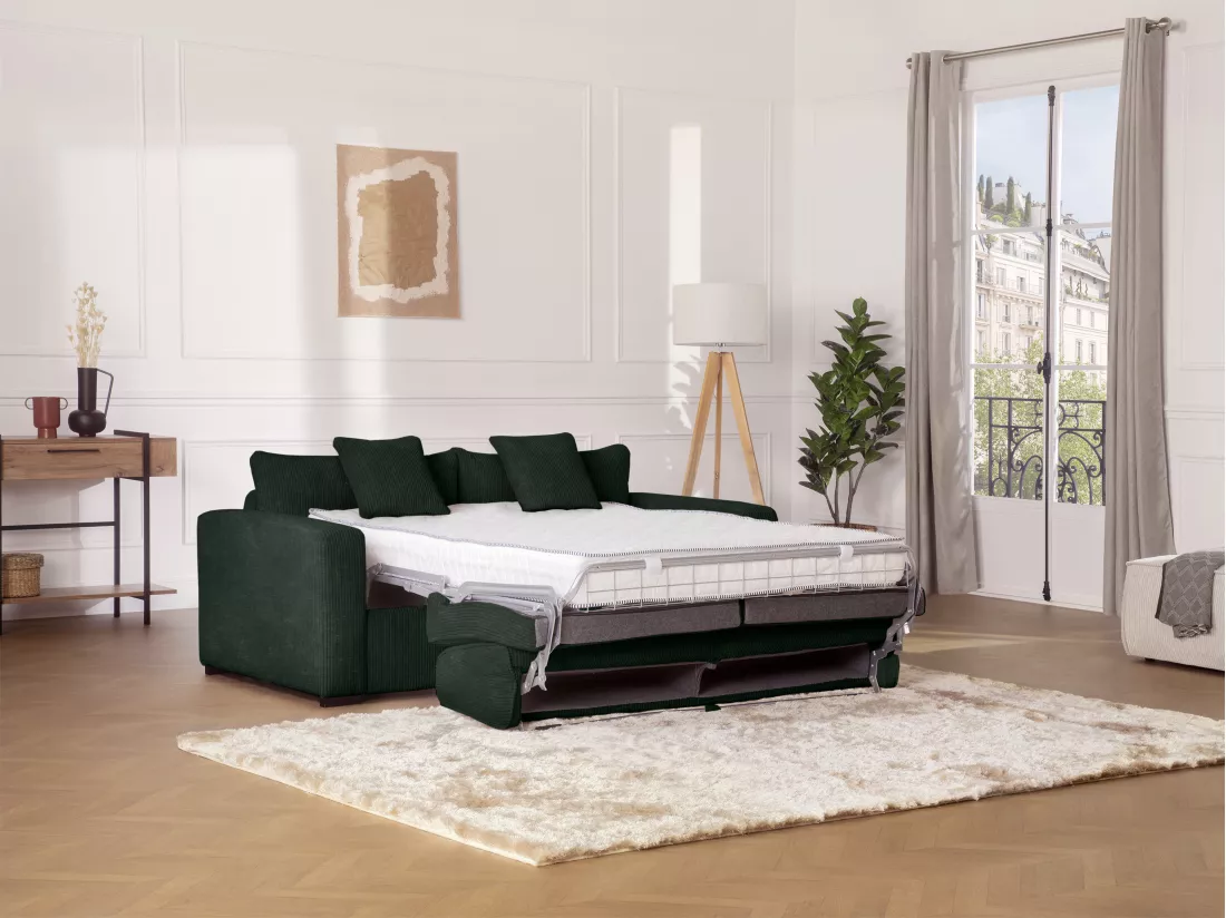 Canapé 4 places convertible express en velours côtelé vert - Couchage 160 cm - Matelas 16 cm - MONDOVI