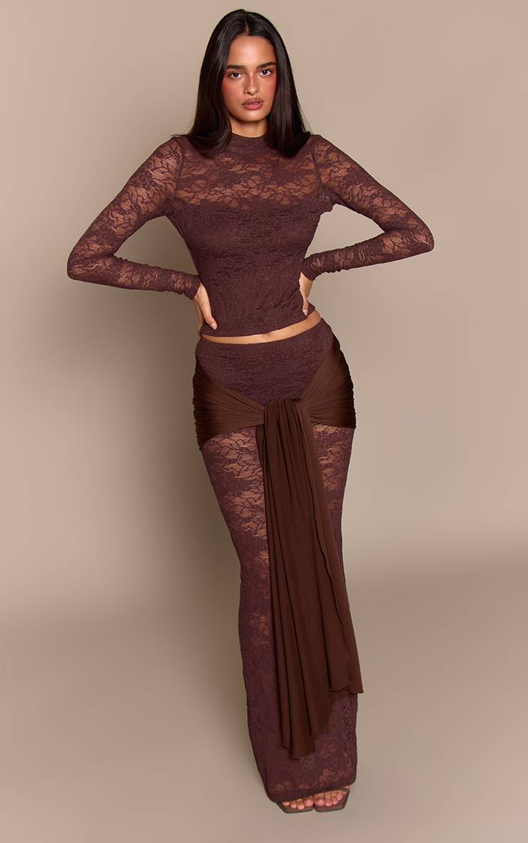 Marron Foncé Jupe Longue Drapée En Dentelle Slinky