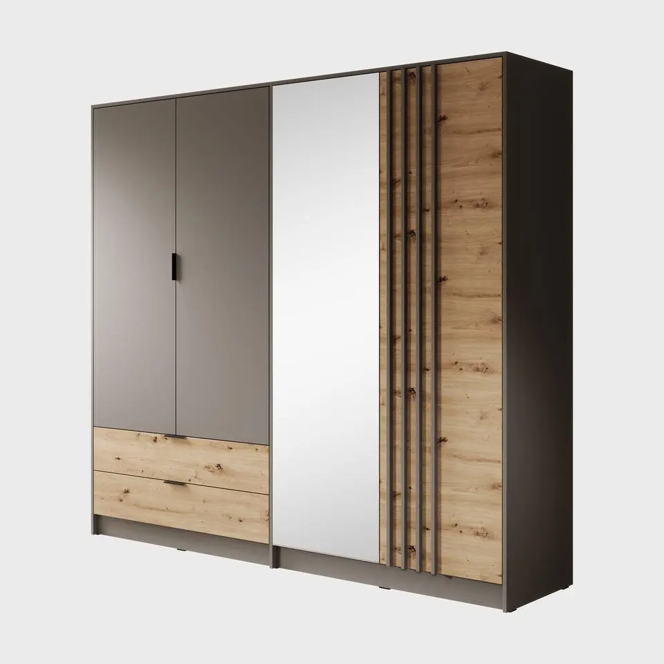 Meubella - Kledingkast Roma - Grijs - Eiken - 221 cm - Met spiegel