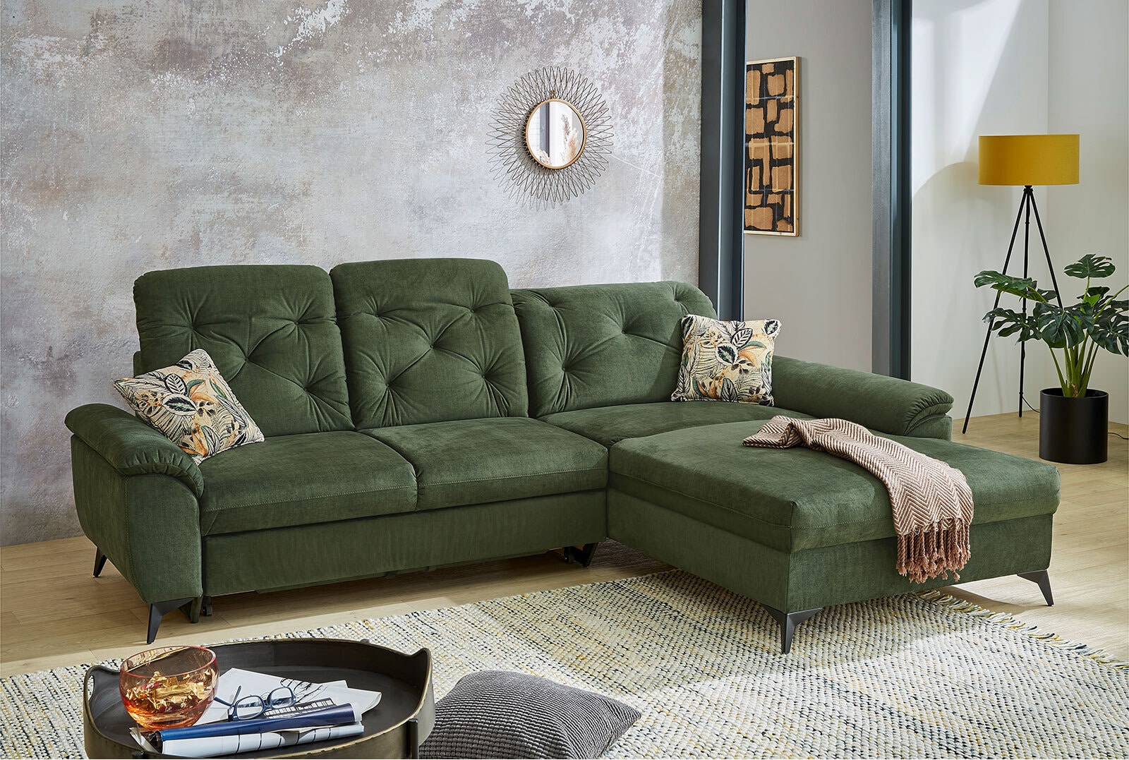 Ecksofa Studio, Stoffbezug dunkelgrün, ca. 280 x 202 cm