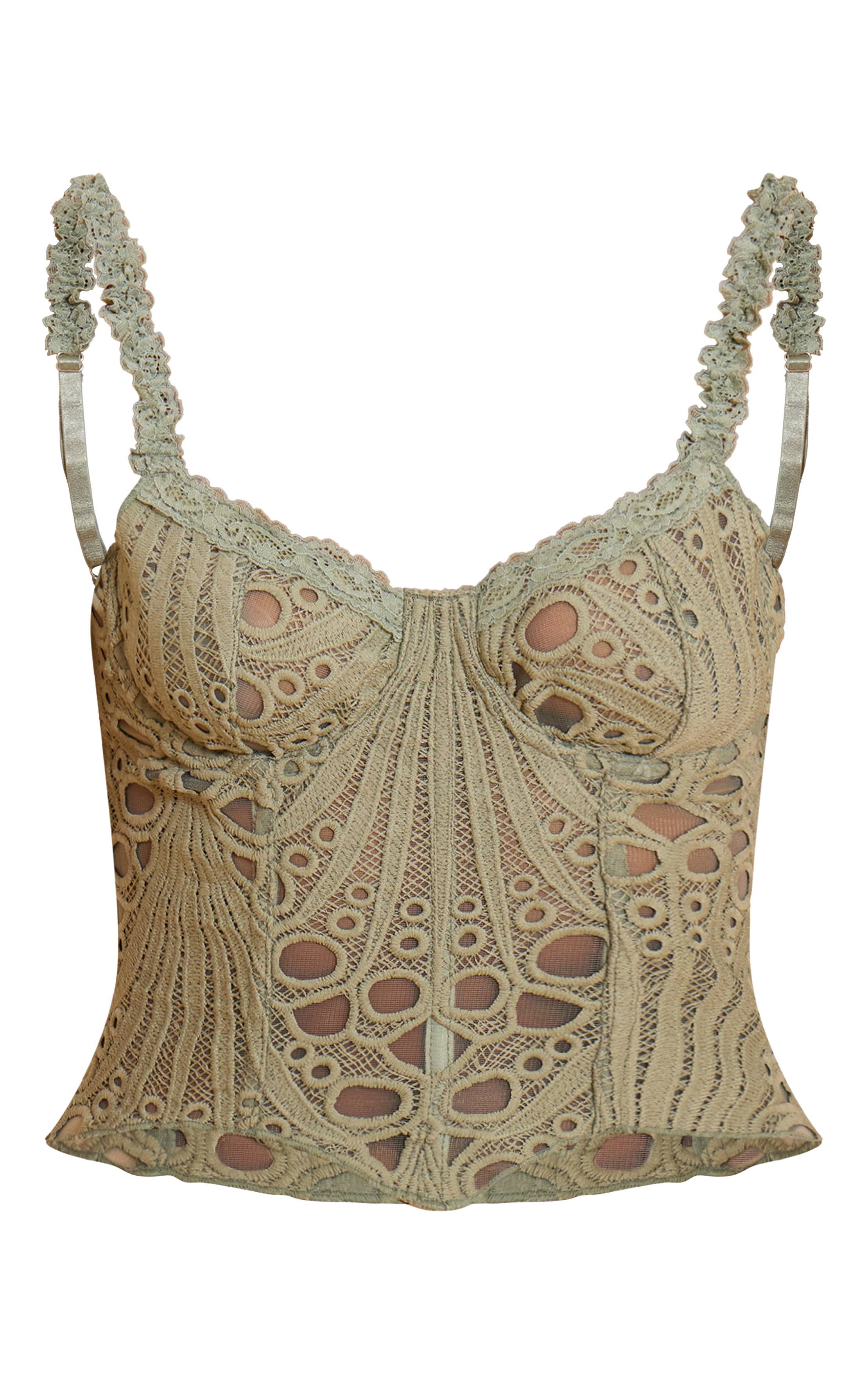 Vert Sauge Corset En Dentelle Florale Transparente Texturée À Bretelles