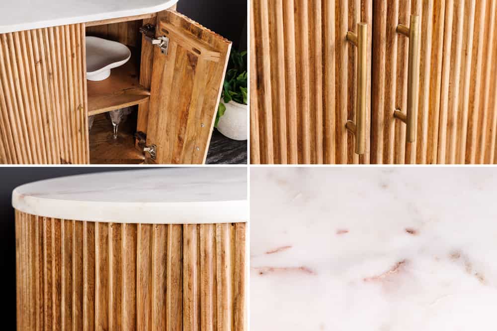 Massives Sideboard TRES CHIC 75cm natur Mangoholz weiß Marmor gold Metall