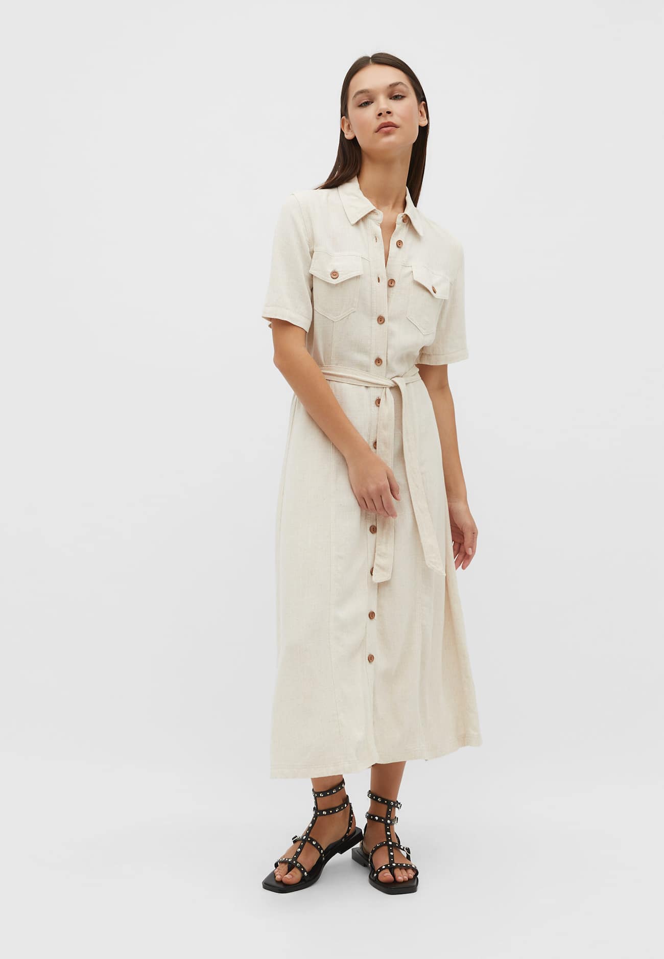 Vestido midi estilo camisa em mistura de linho