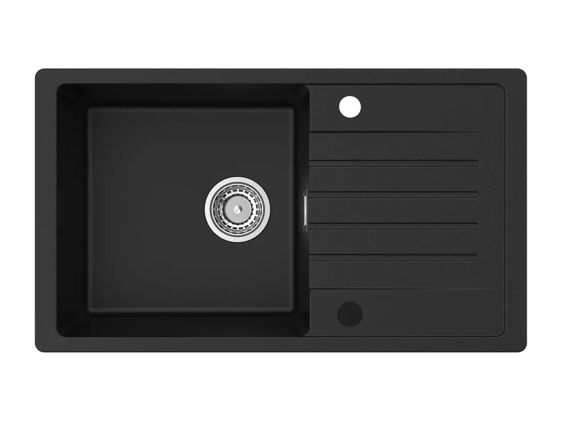 Evier 1 Bac en Quartz et Résine - Noir Evier avec Egouttoir 78x45cm + Mitigeur de Cuisine Mural avec 2 Jets Noir