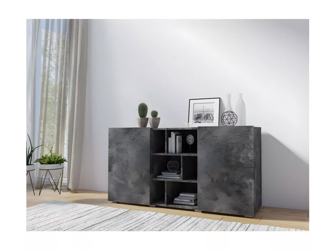 Buffet NARVA 130 cm effet ardoise - 2 portes et 6 niches - 132.4 x 68.1 x 39.5 cm