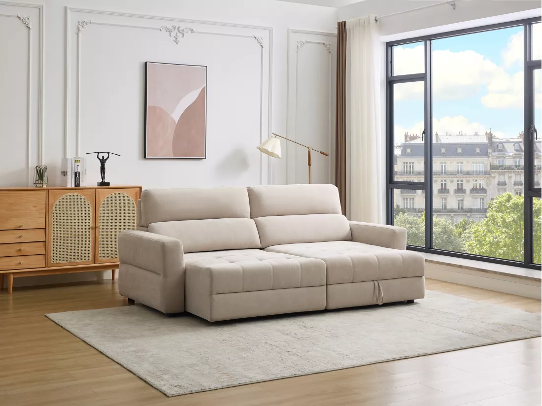 Canapé d'angle droit relax électrique avec assise coulissante en tissu beige OLMERIO