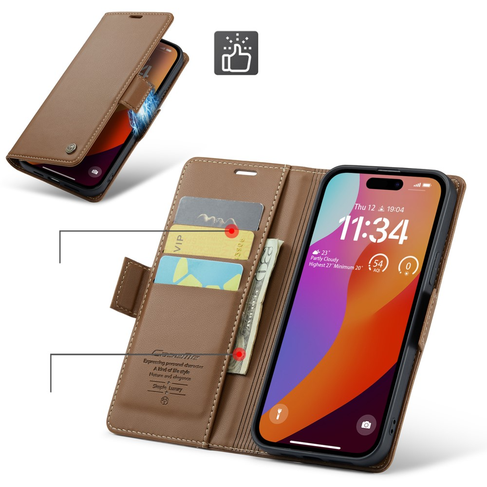 iPhone 16 Pro Max Leder Tasche Flip Wallet Etui mit Kartenfächern Litchi Look (RFID Schutz) - Braun