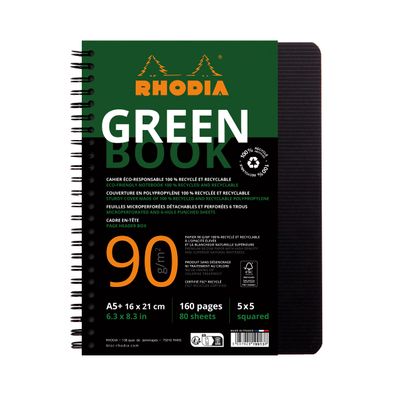 RhodiActive Greenbook - Cahier à spirale 100% recyclé - A5+ (16 x 21 cm) - 160 pages 90 g/m² - petits carreaux (5x5 mm) - noir