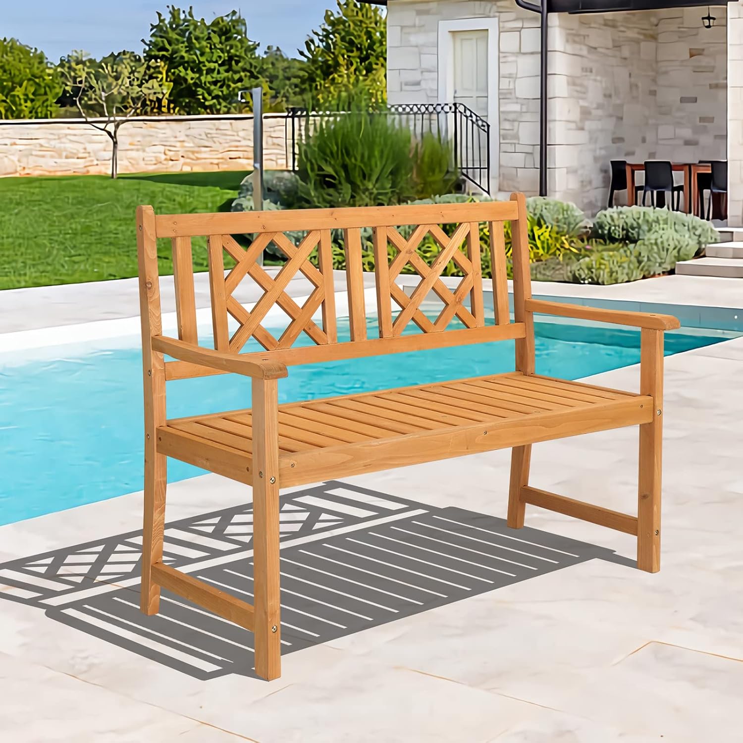 LEADZM Gartenbank,Holzbank,Holz Wetterfest,2-Sitzer,118 cm,Ergonomisch gestaltete Rückenlehne und Armlehnen,Bequem Balkonbank,275 kg Belastbar,für Balkon,Terrasse,Garten,Outdoor