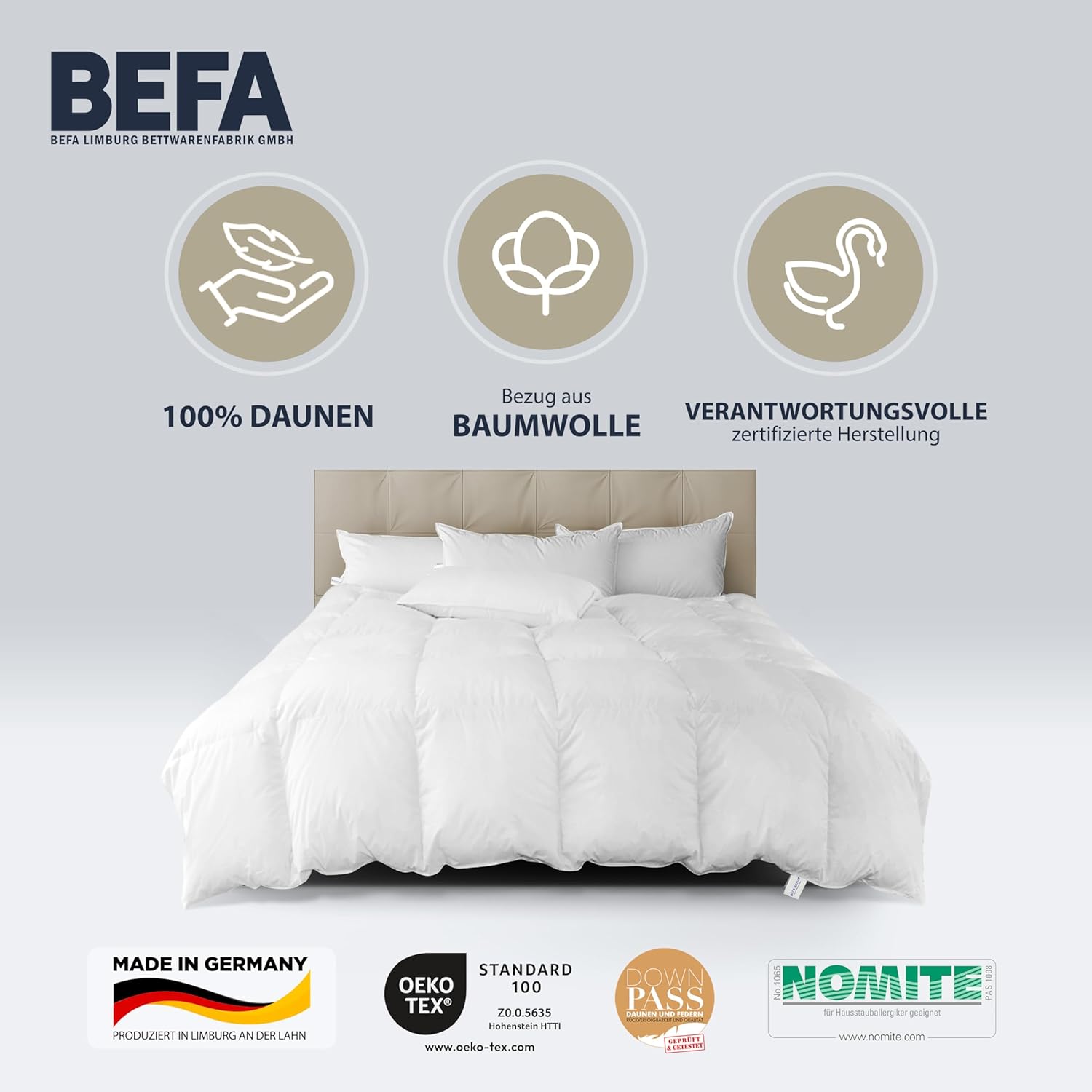 BEFA NATUR Reine Daunendecke Winter 135x200 cm | 100% Daunen | 810g Füllgewicht | Allergiker geeignet (NOMITE) | Tierwohl Zertifiziert (DOWNPASS) | Oeko-TEX Klasse 1 | Made in Germany