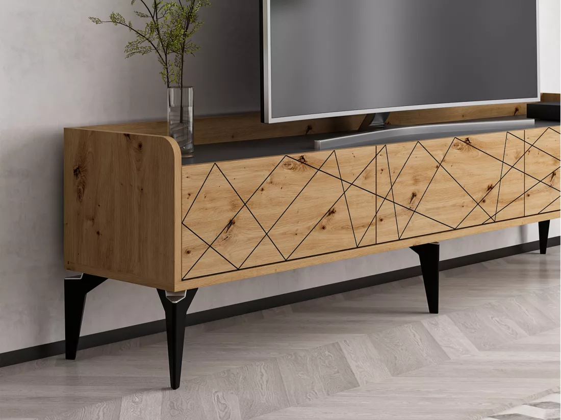 Meuble TV avec 3 portes - Naturel et anthracite - MONALIA