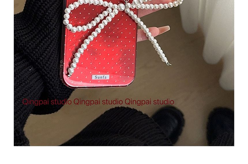 Voor het geval dat - Polka Dot telefoonhoesje / Kunstparel strik / Set - iPhone 16 Pro Max / 16 Pro / 16 Plus / 16 / 15 Pro Max / 15 Pro / 15 Plus / 15 / 14 Pro Max / 14 Pro / 14 Plus / 14 / 13 Pro Max / 13 Pro / 13 / 13 Mini