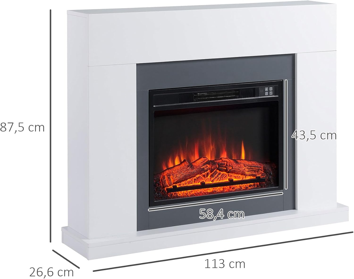 HOMCOM Elektrokamin mit Heizung, elektrischer Kamin mit LED Flammeneffekt und 3 Helligkeiten 2000W Dekokamin mit Einstellbarer Thermostat elektrisch Kaminfeuer mit Fernbedienung Weiß