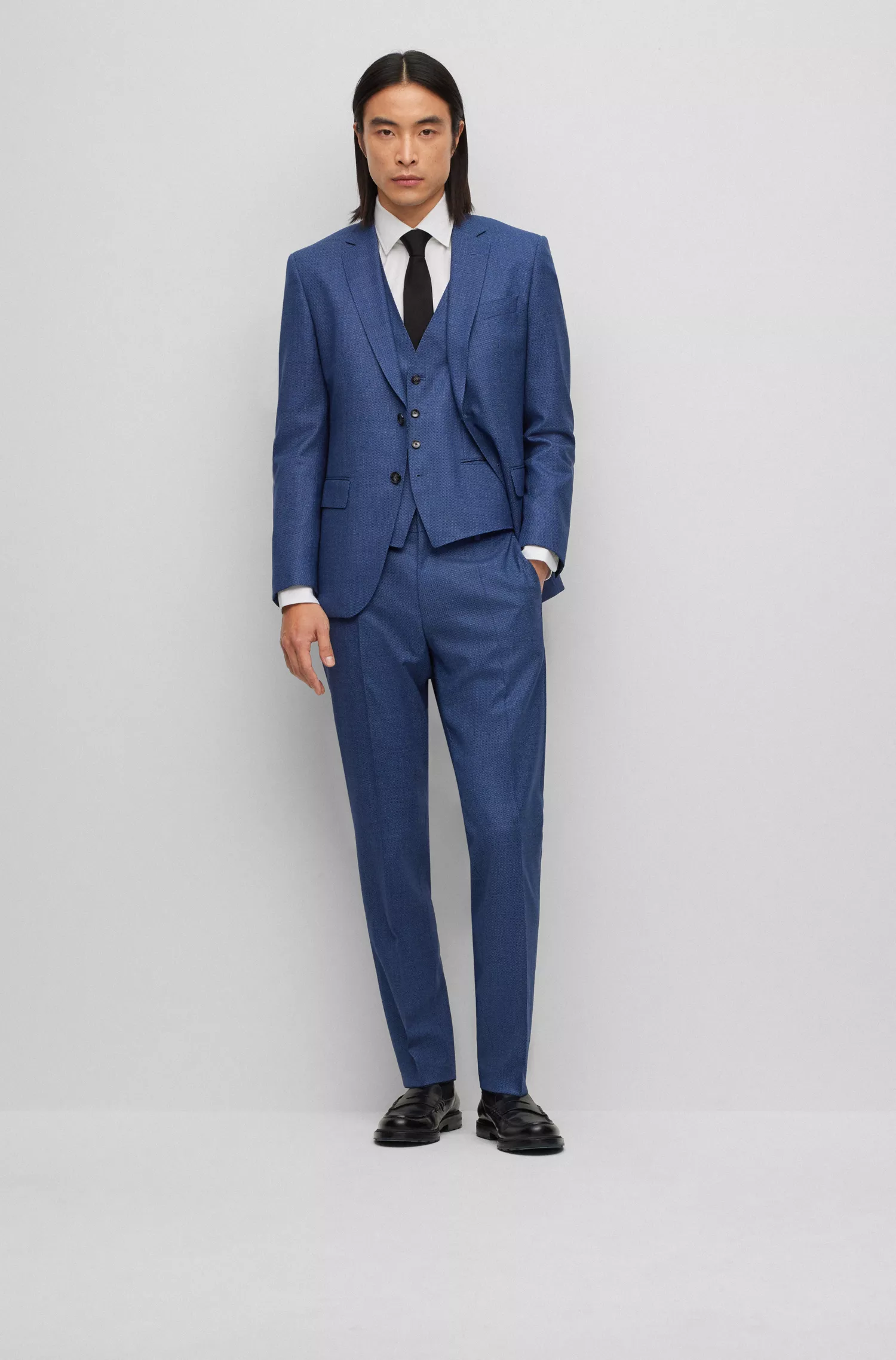 Terno slim fit de três peças BOSS preto em mistura de lã.