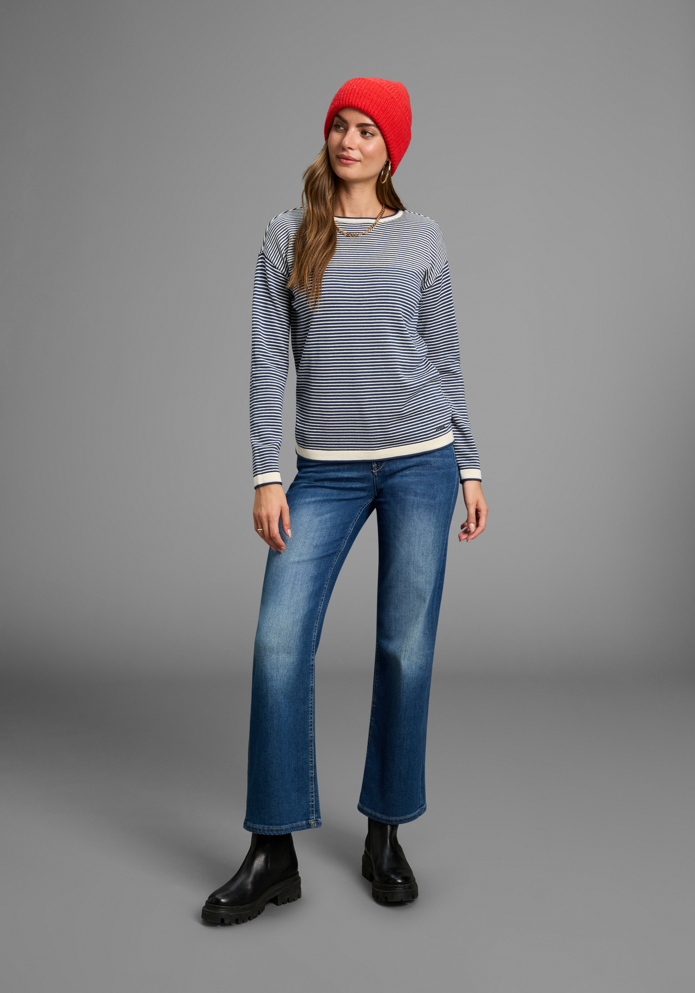 Laura Scott Rundhalspullover , Feinstrickpullover aus Strukturstrick mit Streifen
