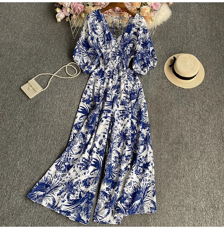Dudu - Jumpsuit met korte mouwen, V-hals, print en wijde pijpen