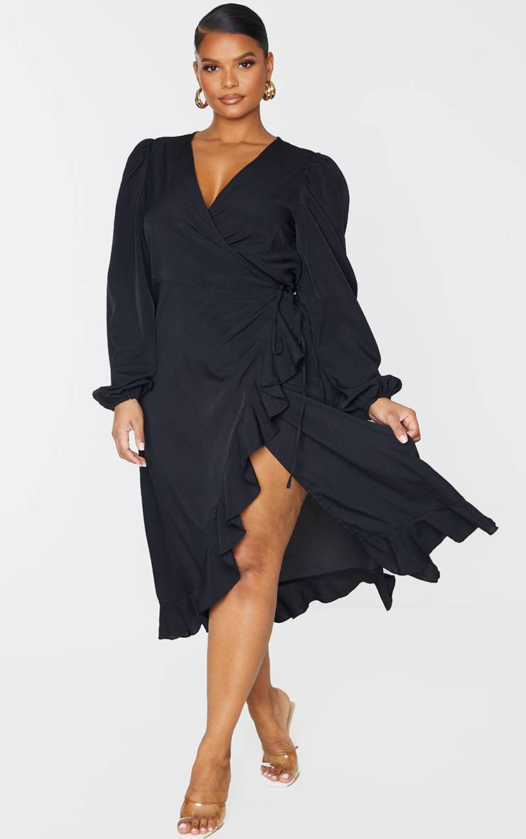 Noir Robe Midi Portefeuille À Volants Grande Taille