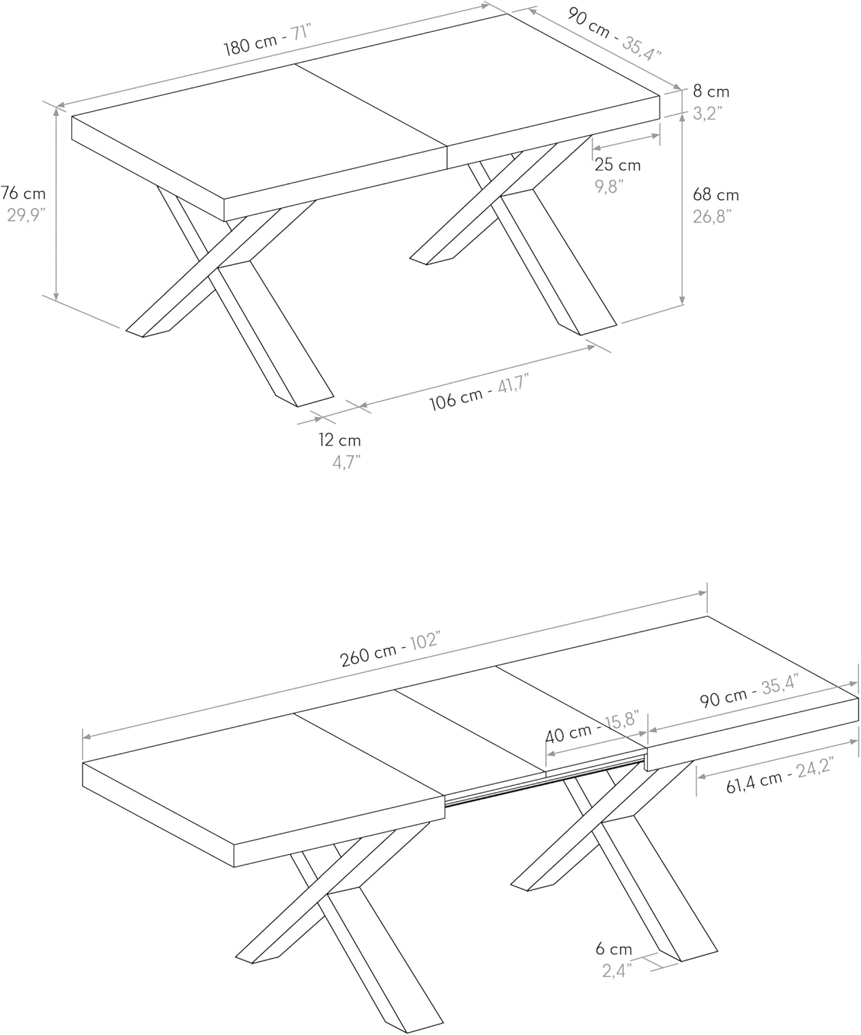 PAZZO DESIGN Ausziehbarer Tisch Marco, Wohnzimmertisch, Küchentisch, Kreuzbeine X Eiche, hergestellt in Italien, rustikale Eiche, 180x90x76 cm - id_2231