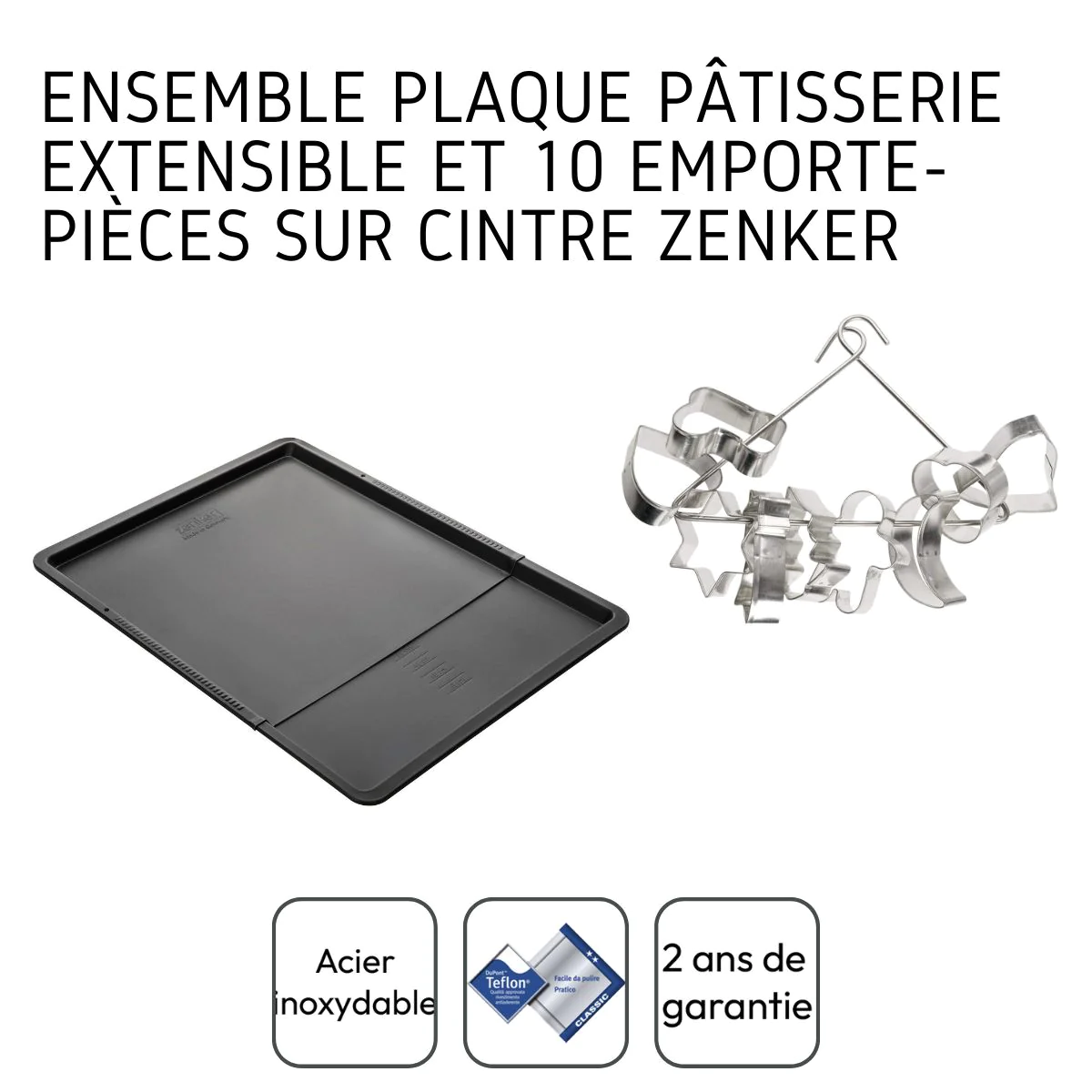 Ensemble avec plaque à pâtisserie extensible et 9 emporte-pièces sur c