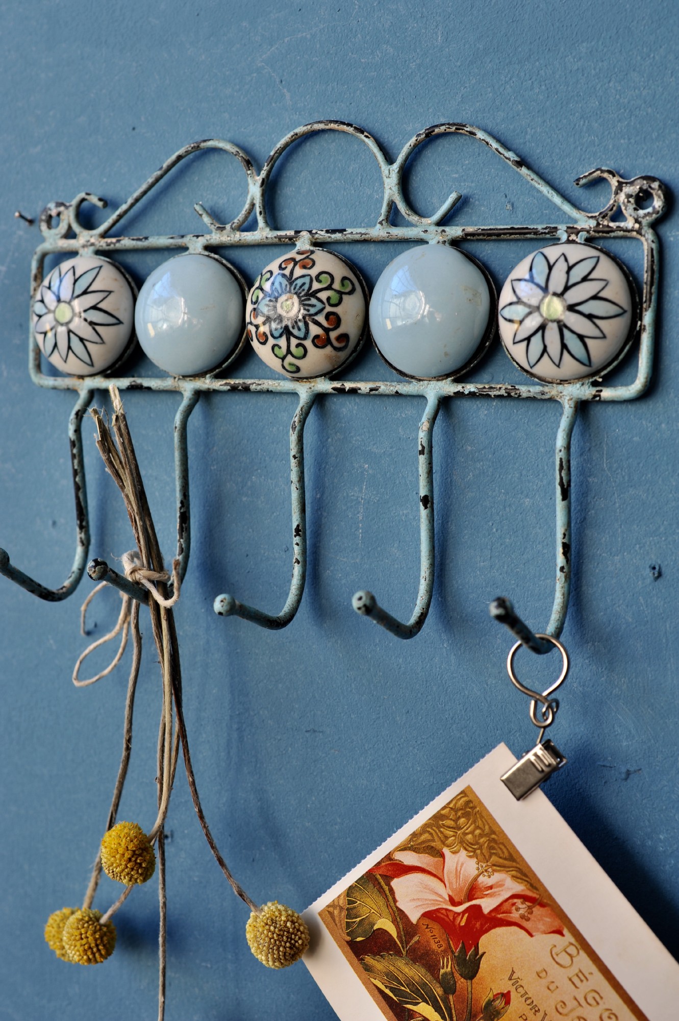 5er Wandhaken, blau, beige, T 23 cm, B 5 cm, H 16 cm von fischer's lagerhaus