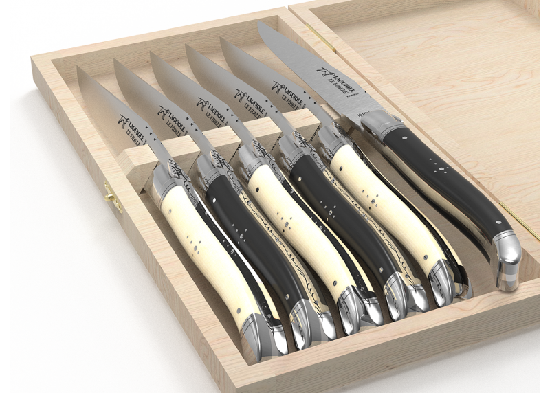 Service de 6 couteaux Laguiole manches en os de bovin et bois d'ébène