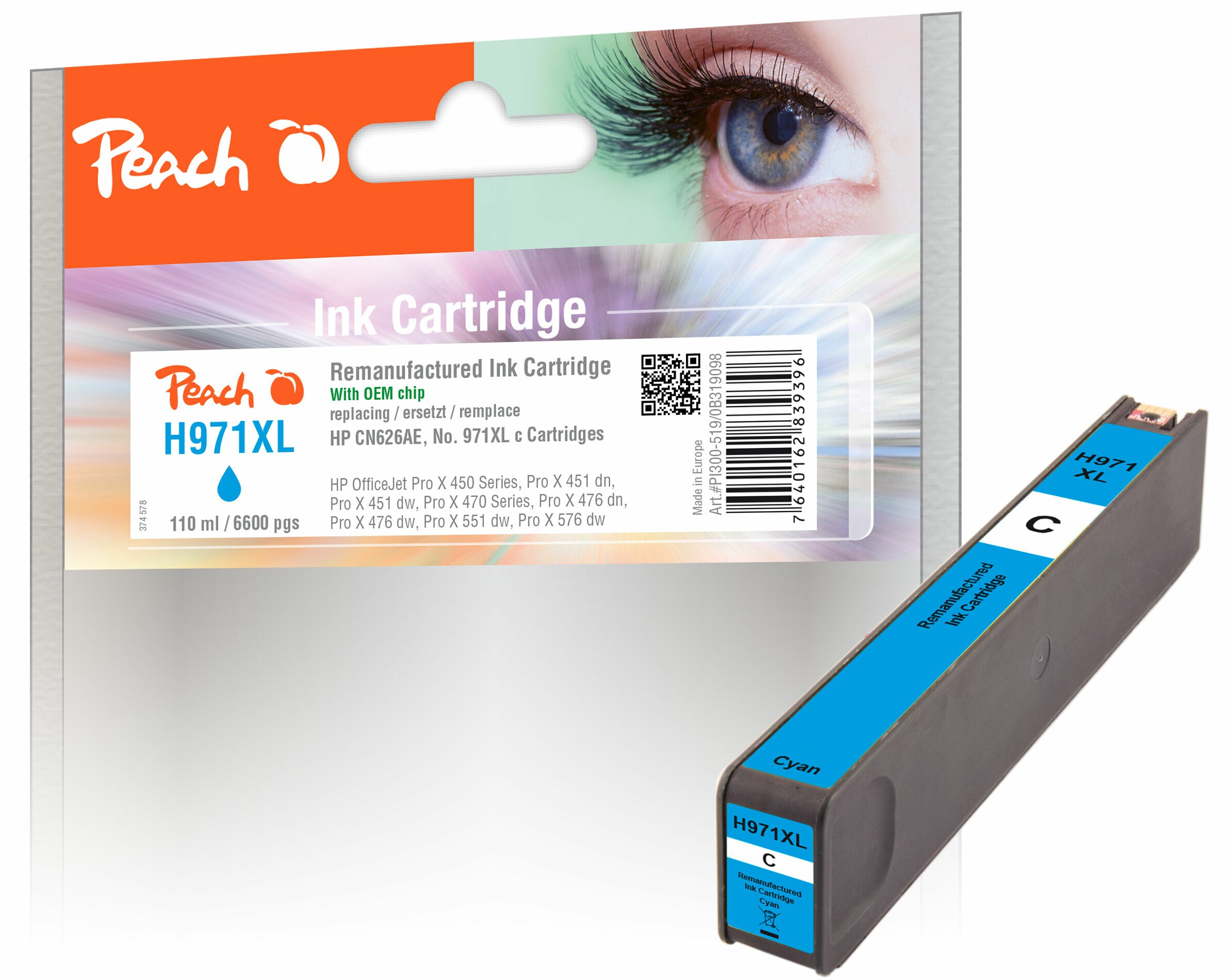 Peach HP 971 XLc Druckerpatrone XL cy ersetzt HP No. 971XL c, CN626A für z.B. HP OfficeJet Pro X 450, HP OfficeJet Pro X 451 dn, HP OfficeJet Pro X 470 (wiederaufbereitet)