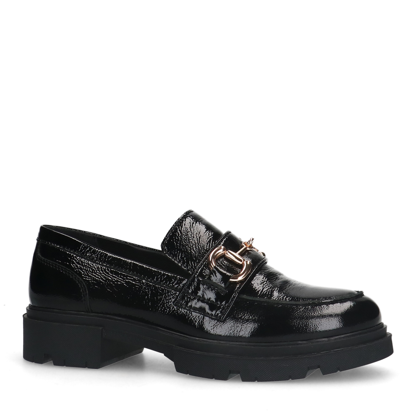 Zwarte lakleren loafers met gouden chain