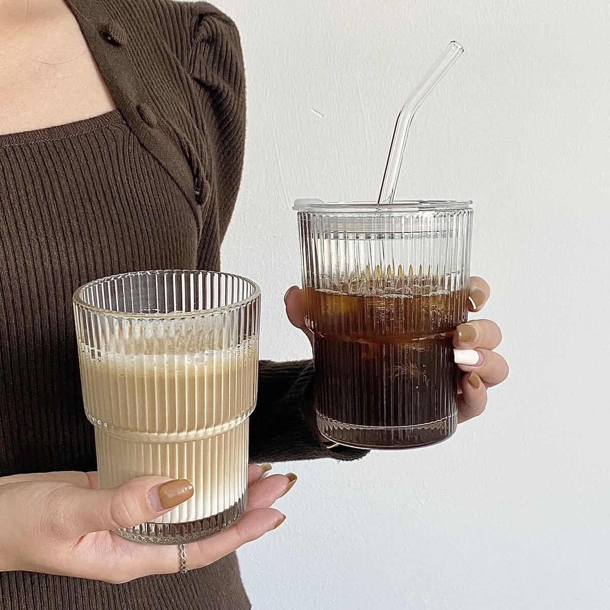 (450ml) Trinkglas Cocktail Cup Getränke Glas Kaffee Becher inkl. Glas Strohhalm   Deckel - Transparent