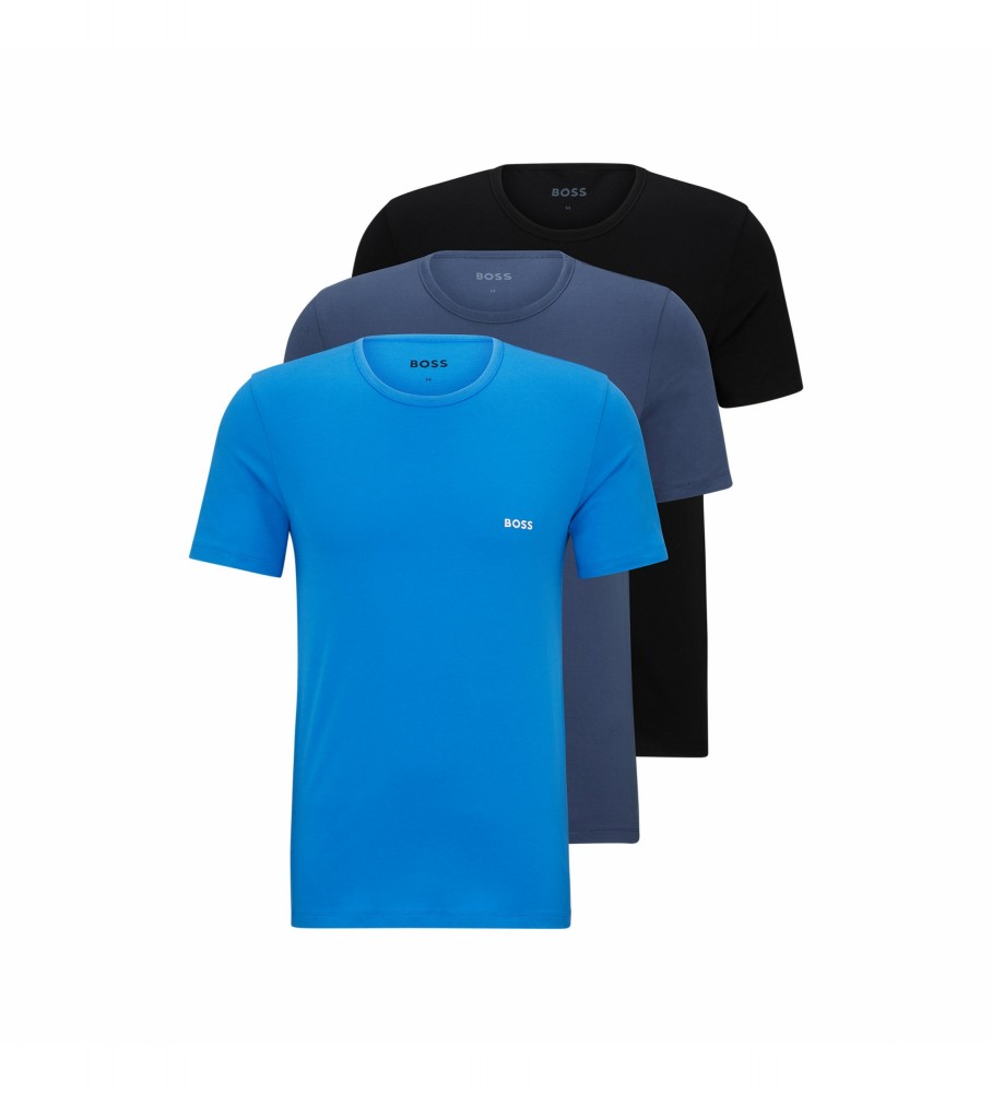 Conjunto de 3 camisetas básicas BOSS nas cores azul e marinho.