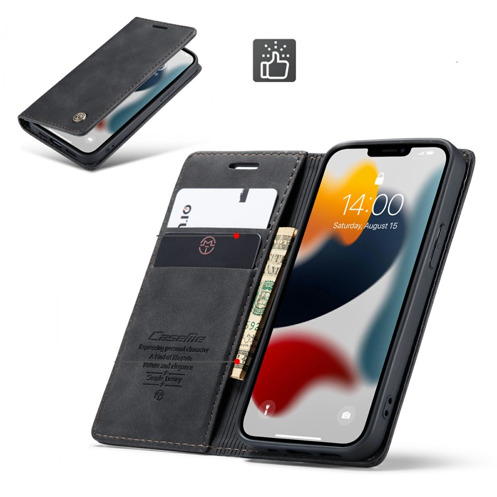 iPhone 13 Leder Tasche Flip Wallet Etui mit Kartenfächern - Schwarz