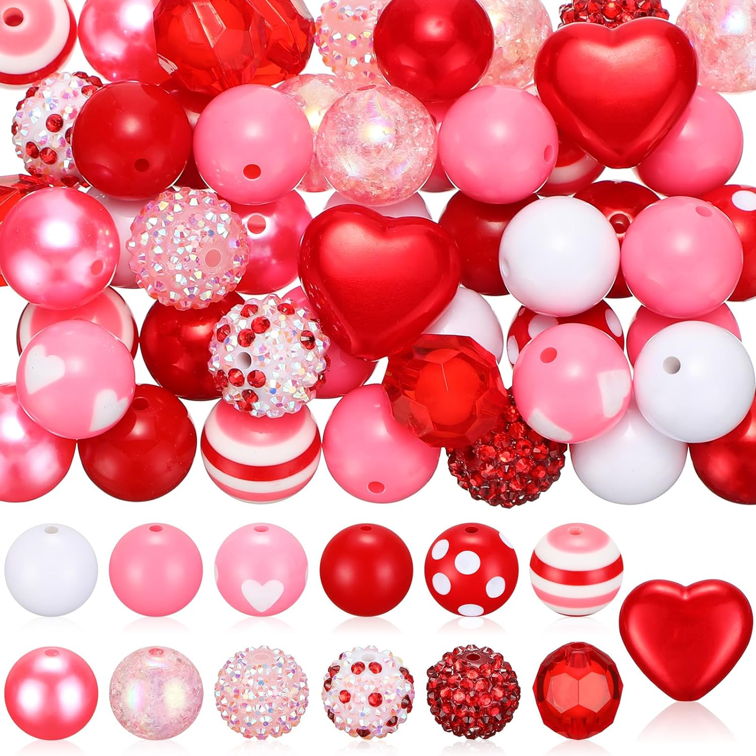 (95-tlg. Set) Grosse Strass Perlen DIY Bastel Schmuck Glitzer Zwischenperle Armband / Ketten Zubehör - Rosa / Rot