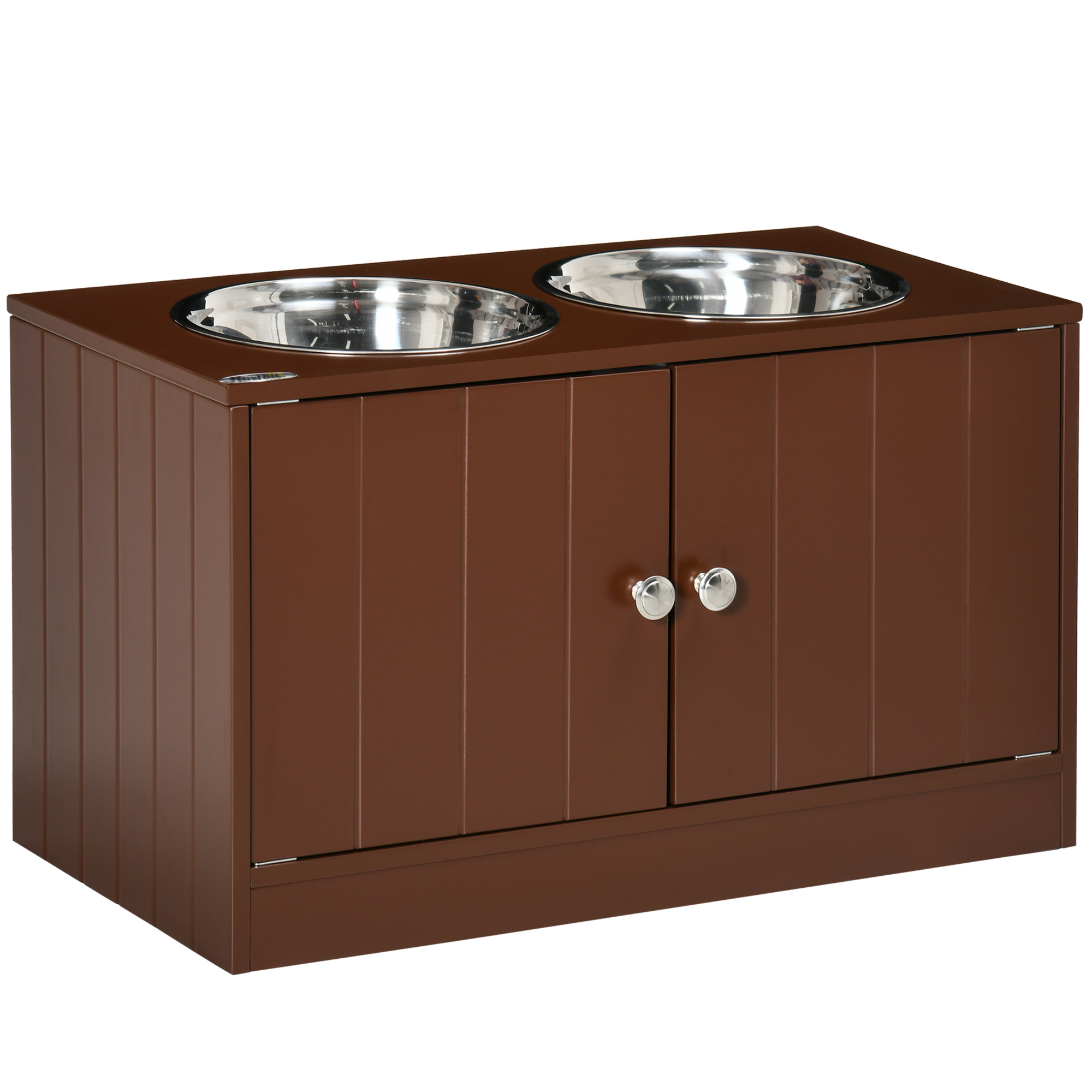 Comedouro elevado PawHut para cães grandes com 2 tigelas de aço inoxidável de 2000 ml, com 2 portas e compartimento de armazenamento oculto, 60 x 30 x 35,5 cm, marrom.