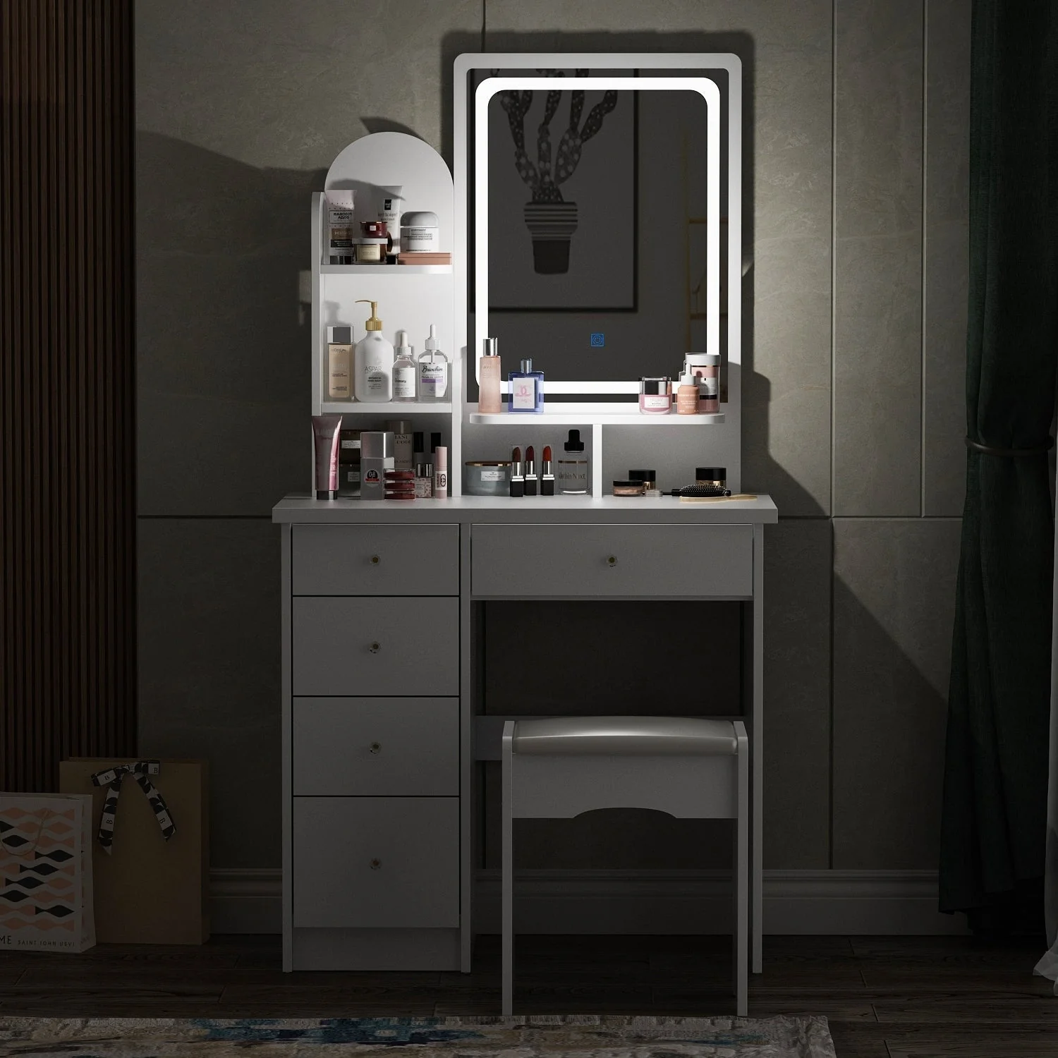 Makeup Vanity Set Table With LED Light &Mirror & Stool