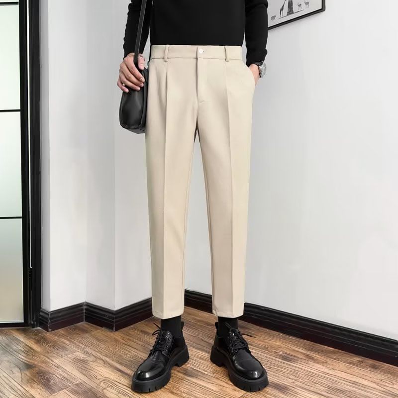 DuckleBeam - Mid Rise Plain Cropped Straight Leg Dress Pants