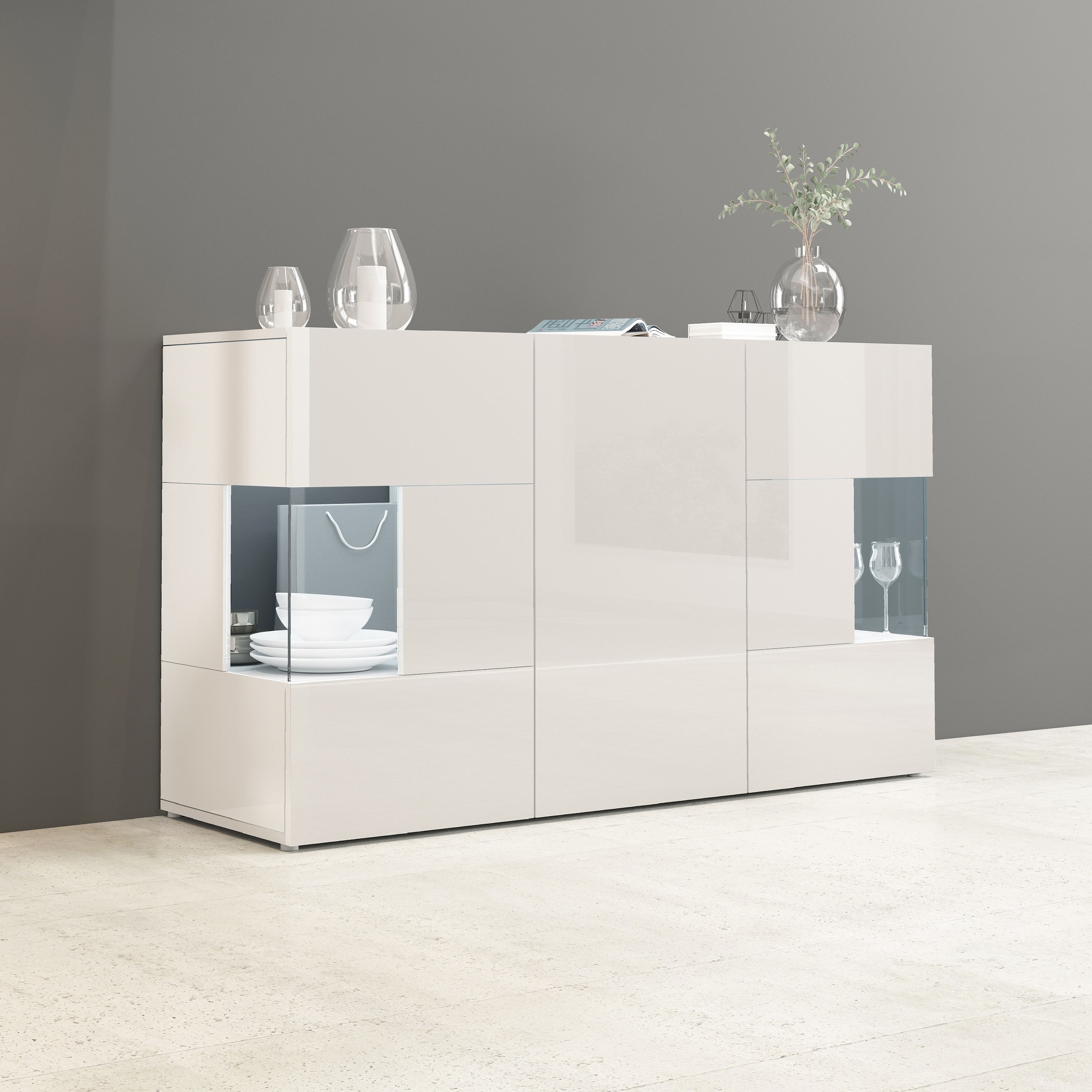 INOSIGN Sideboard »Egypt, Kommode, Schrank, Kredenz, Vitrine grifflos« 3 Türen davon 2 mit Glaseinsatz, kompl. Hochglanz lackiert Breite 135