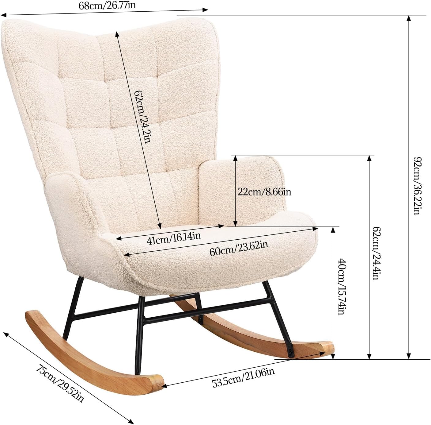 Schaukelstuhl Relaxsessel Stillsessel Schaukelsessel Wohnzimmersessel Schwingsessel mit Metallgestell und Holzsockel, Belastbarkeit Bis 130 Kg, Teddystoff, Beige 75 x 68 x 92 cm