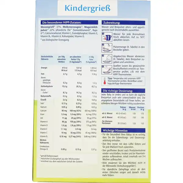 Bio Milchbrei Kindergrieß ab 6. Monat