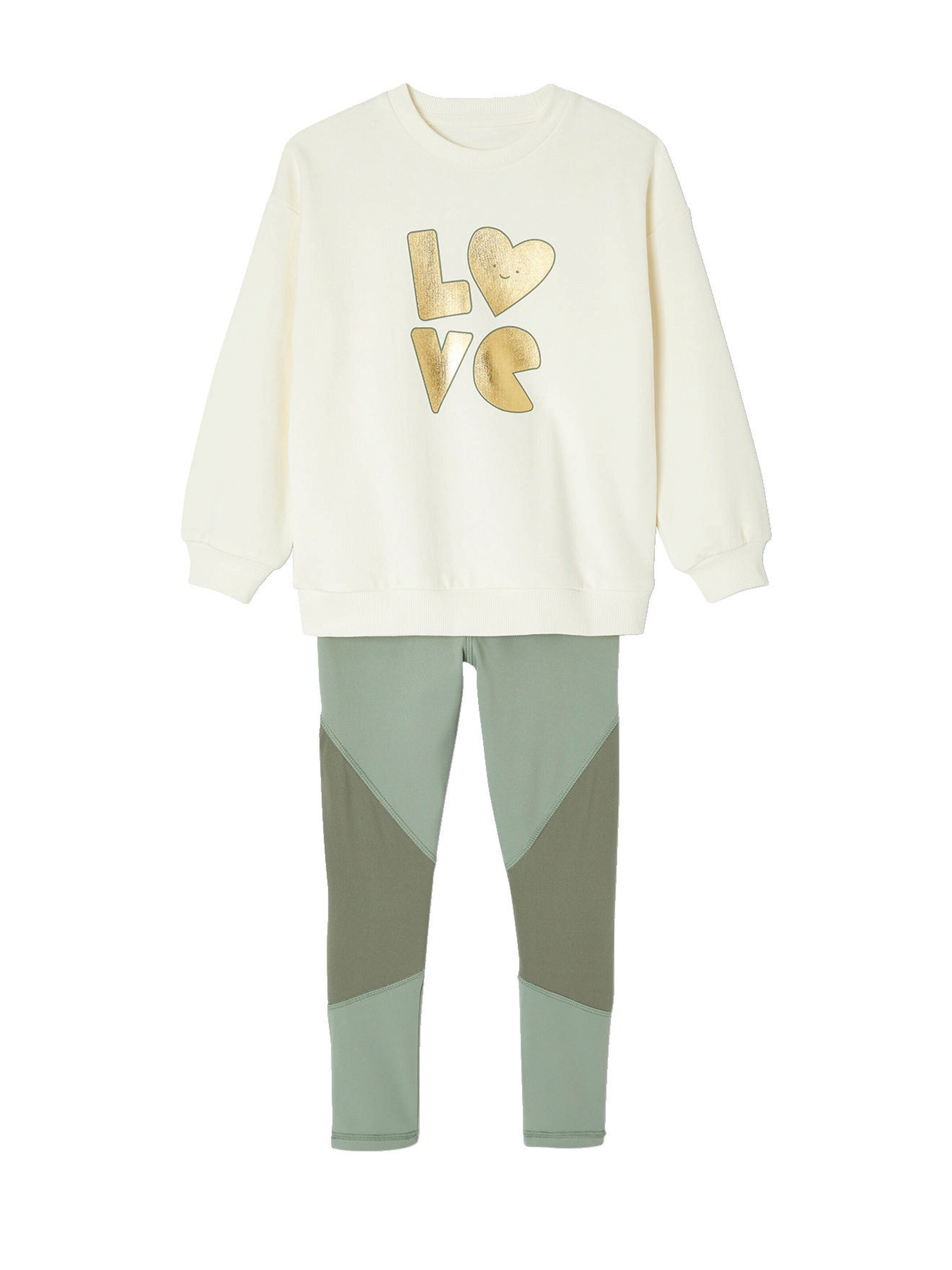 Vertbaudet Mädchen Sport-Set: Sweatshirt mit goldener Schrift und Recycling-Polyester & Leggings salbeigrün